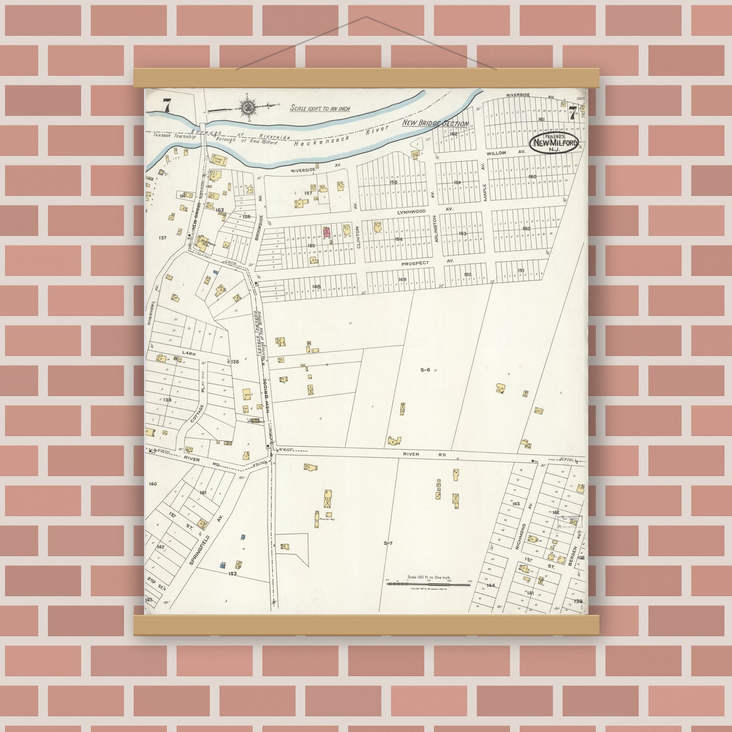 Old map wall art mockup — magnetic wood frame on brick wall — Sanborn Fire Insurance Map from New Milford, Bergen County, New Jersey (1923), Sheet #0007
