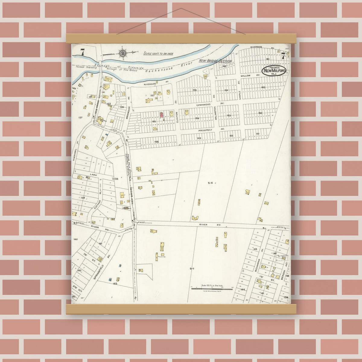 Old map wall art mockup — magnetic wood frame on brick wall — Sanborn Fire Insurance Map from New Milford, Bergen County, New Jersey (1923), Sheet #0007