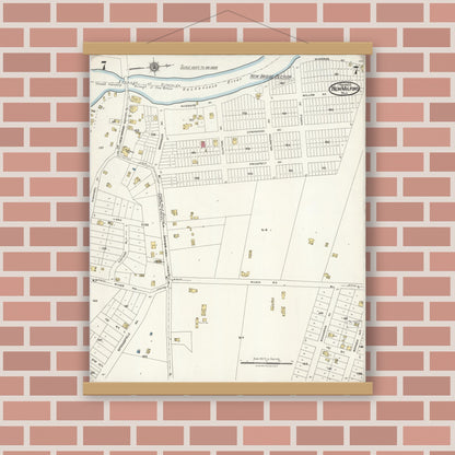Old map wall art mockup — magnetic wood frame on brick wall — Sanborn Fire Insurance Map from New Milford, Bergen County, New Jersey (1923), Sheet #0007
