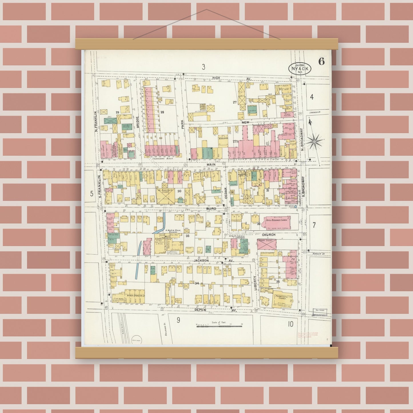 Old map wall art mockup — magnetic wood frame on brick wall — Sanborn Fire Insurance Map from Nyack, Rockland County, New York. (1903), Sheet #0006
