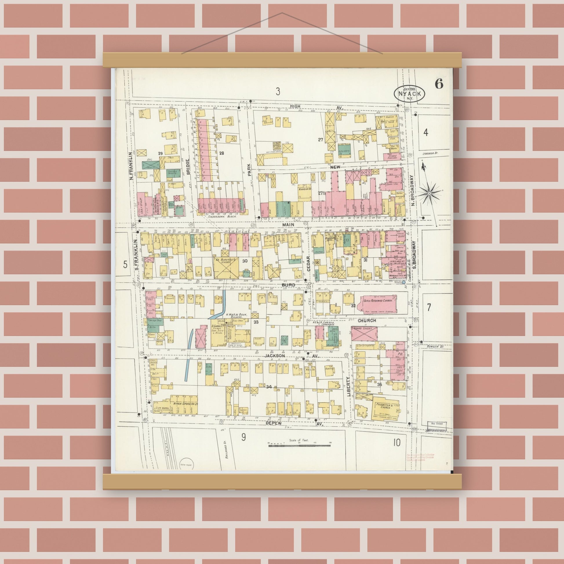 Old map wall art mockup — magnetic wood frame on brick wall — Sanborn Fire Insurance Map from Nyack, Rockland County, New York. (1903), Sheet #0006
