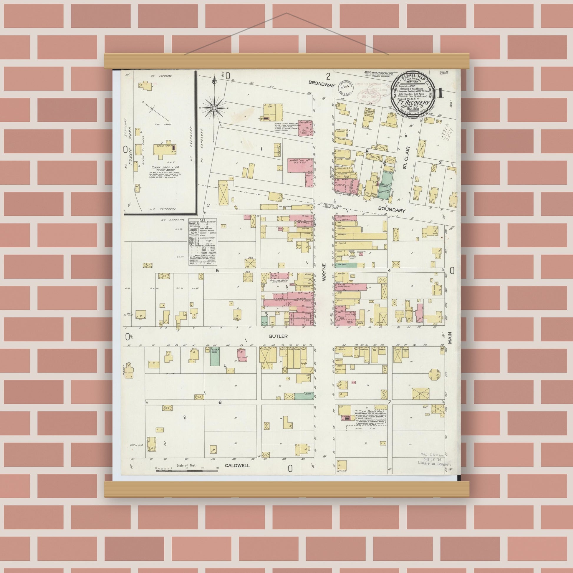 Old map wall art mockup — magnetic wood frame on brick wall — Sanborn Fire Insurance Map from Fort Recovery, Mercer County, Ohio (1898), Sheet #0001