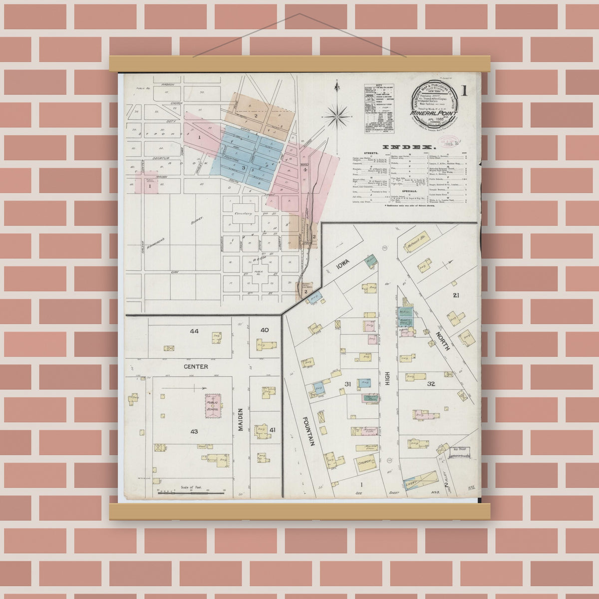 Old map wall art mockup — magnetic wood frame on brick wall — Sanborn Fire Insurance Map from Mineral Point, Iowa County, Wisconsin (1889) - Complete Map Set