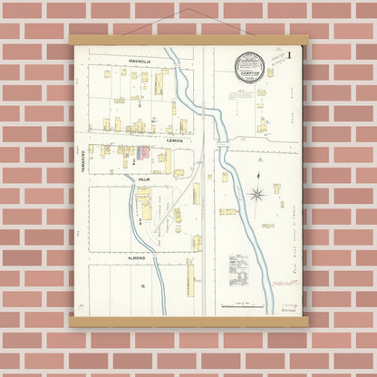 Old map wall art mockup — magnetic wood frame on brick wall — Sanborn Fire Insurance Map from Compton, Los Angeles County, California (1891), Sheet #0001