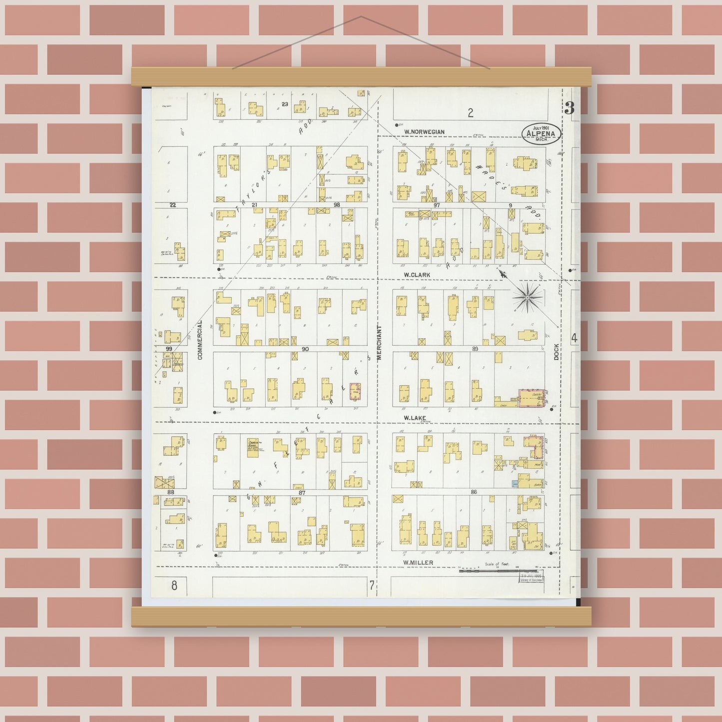 Old map wall art mockup — magnetic wood frame on brick wall — Sanborn Fire Insurance Map from Alpena, Alpena County, Michigan (1901), Sheet #0003