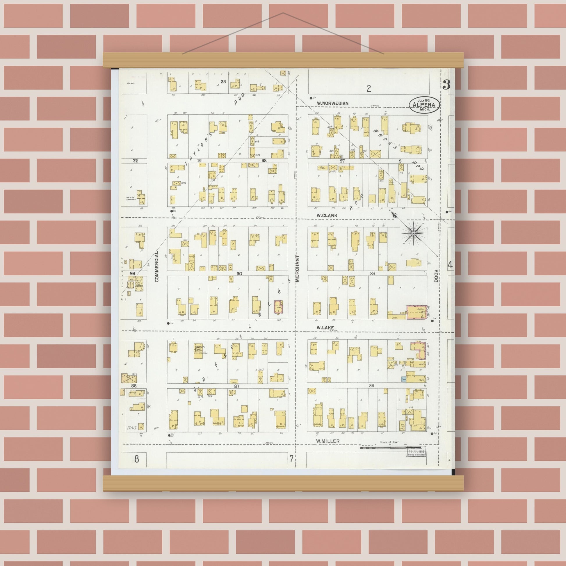 Old map wall art mockup — magnetic wood frame on brick wall — Sanborn Fire Insurance Map from Alpena, Alpena County, Michigan (1901), Sheet #0003