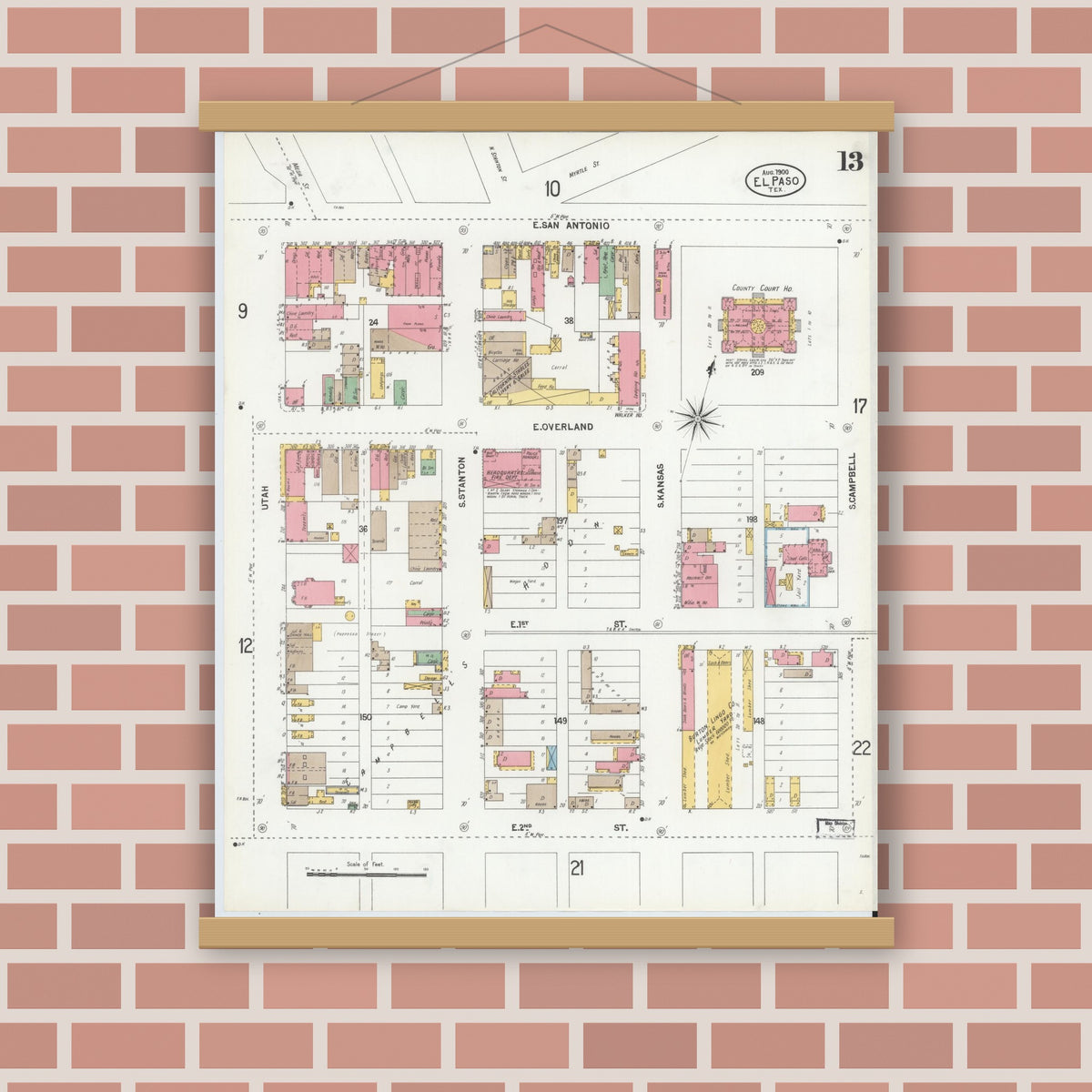Old map wall art mockup — magnetic wood frame on brick wall — Sanborn Fire Insurance Map from El Paso, El Paso County, Texas (1900), Sheet #0013