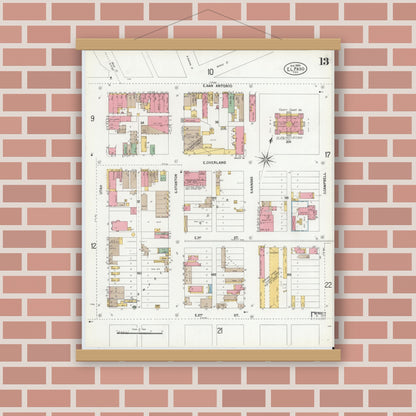 Old map wall art mockup — magnetic wood frame on brick wall — Sanborn Fire Insurance Map from El Paso, El Paso County, Texas (1900), Sheet #0013