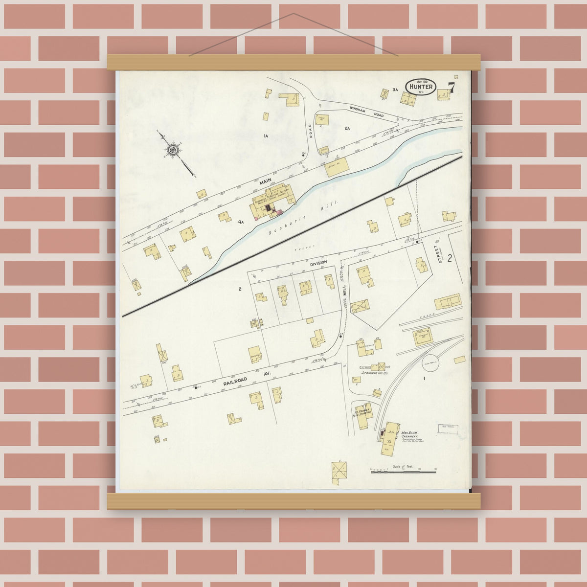 Old map wall art mockup — magnetic wood frame on brick wall — Sanborn Fire Insurance Map from Hunter, Greene County, New York (1912), Sheet #0007