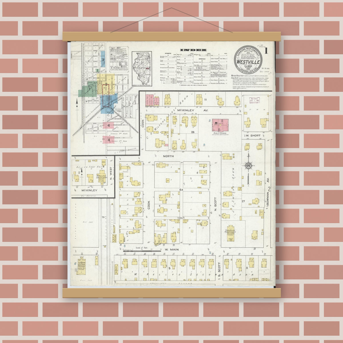Old map wall art mockup — magnetic wood frame on brick wall — Sanborn Fire Insurance Map from Westville, Vermilion County, Illinois (1915) - Complete Map Set
