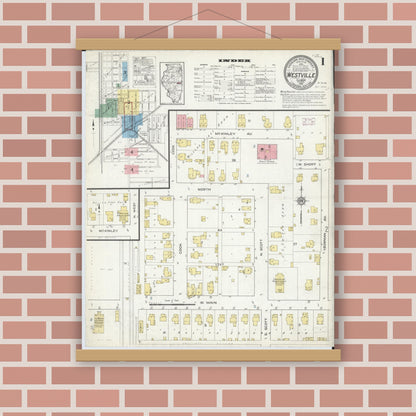 Old map wall art mockup — magnetic wood frame on brick wall — Sanborn Fire Insurance Map from Westville, Vermilion County, Illinois (1915) - Complete Map Set