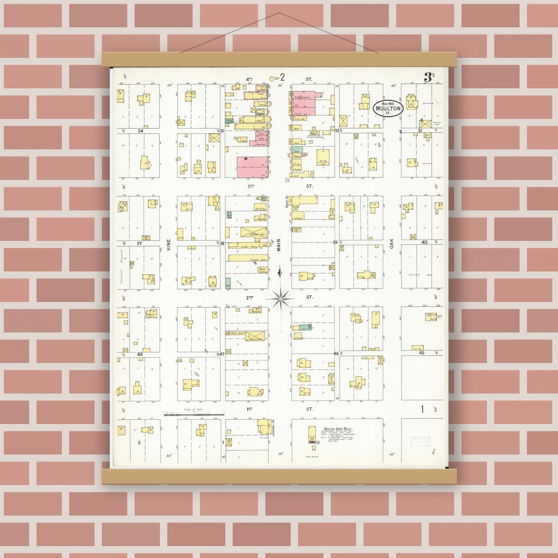 Old map wall art mockup — magnetic wood frame on brick wall — Sanborn Fire Insurance Map from Moulton, Appanoose County, Iowa (1900), Sheet #0003