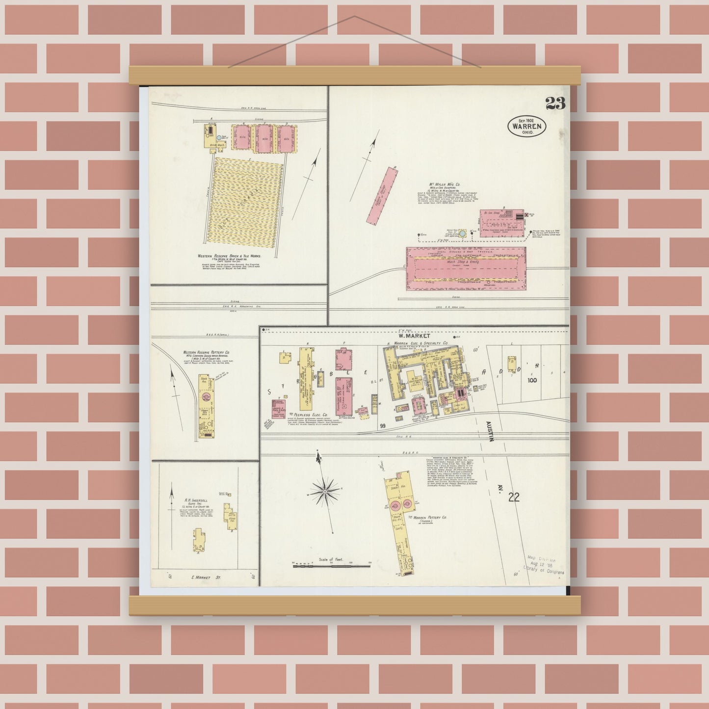 Old map wall art mockup — magnetic wood frame on brick wall — Sanborn Fire Insurance Map from Warren, Trumbull County, Ohio (1902), Sheet #0023