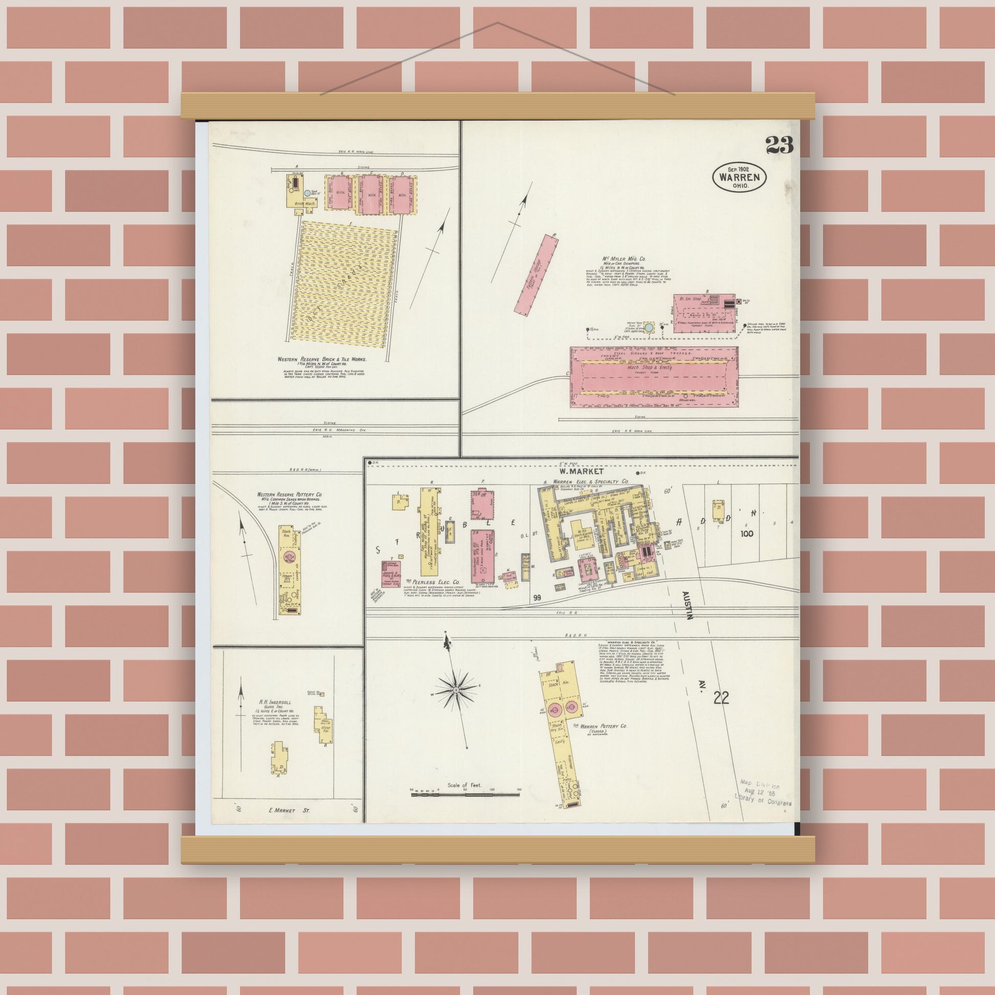 Old map wall art mockup — magnetic wood frame on brick wall — Sanborn Fire Insurance Map from Warren, Trumbull County, Ohio (1902), Sheet #0023