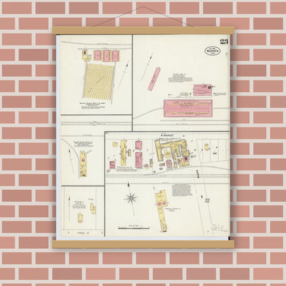 Old map wall art mockup — magnetic wood frame on brick wall — Sanborn Fire Insurance Map from Warren, Trumbull County, Ohio (1902), Sheet #0023