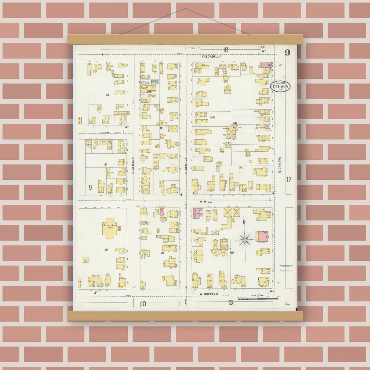 Old map wall art mockup — magnetic wood frame on brick wall — Sanborn Fire Insurance Map from Ithaca, Tompkins County, New York (1898), Sheet #0009