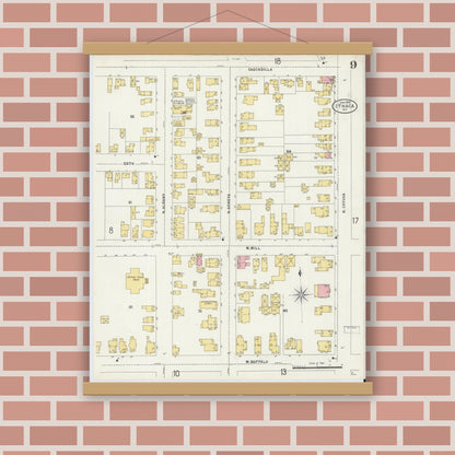 Old map wall art mockup — magnetic wood frame on brick wall — Sanborn Fire Insurance Map from Ithaca, Tompkins County, New York (1898), Sheet #0009