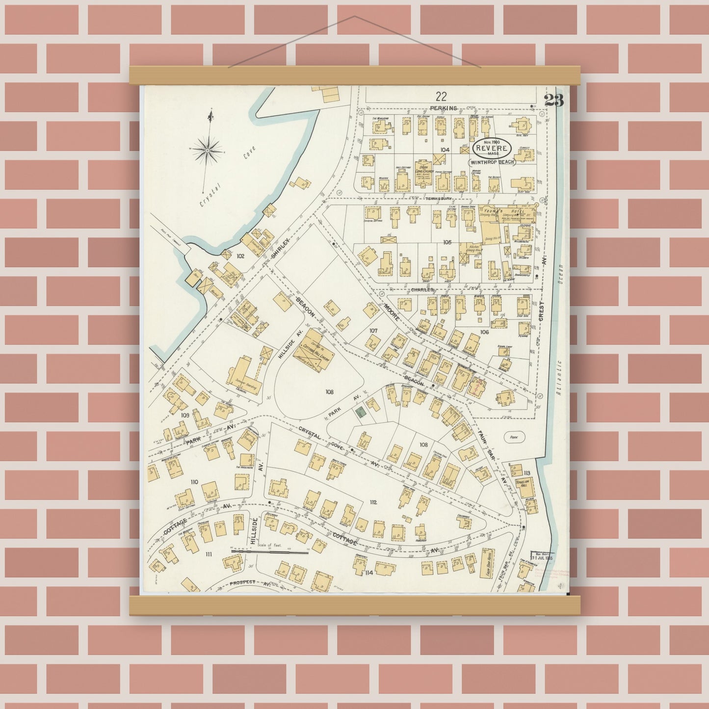 Old map wall art mockup — magnetic wood frame on brick wall — Sanborn Fire Insurance Map from Revere, Suffolk County, Massachusetts (1900), Sheet #0023