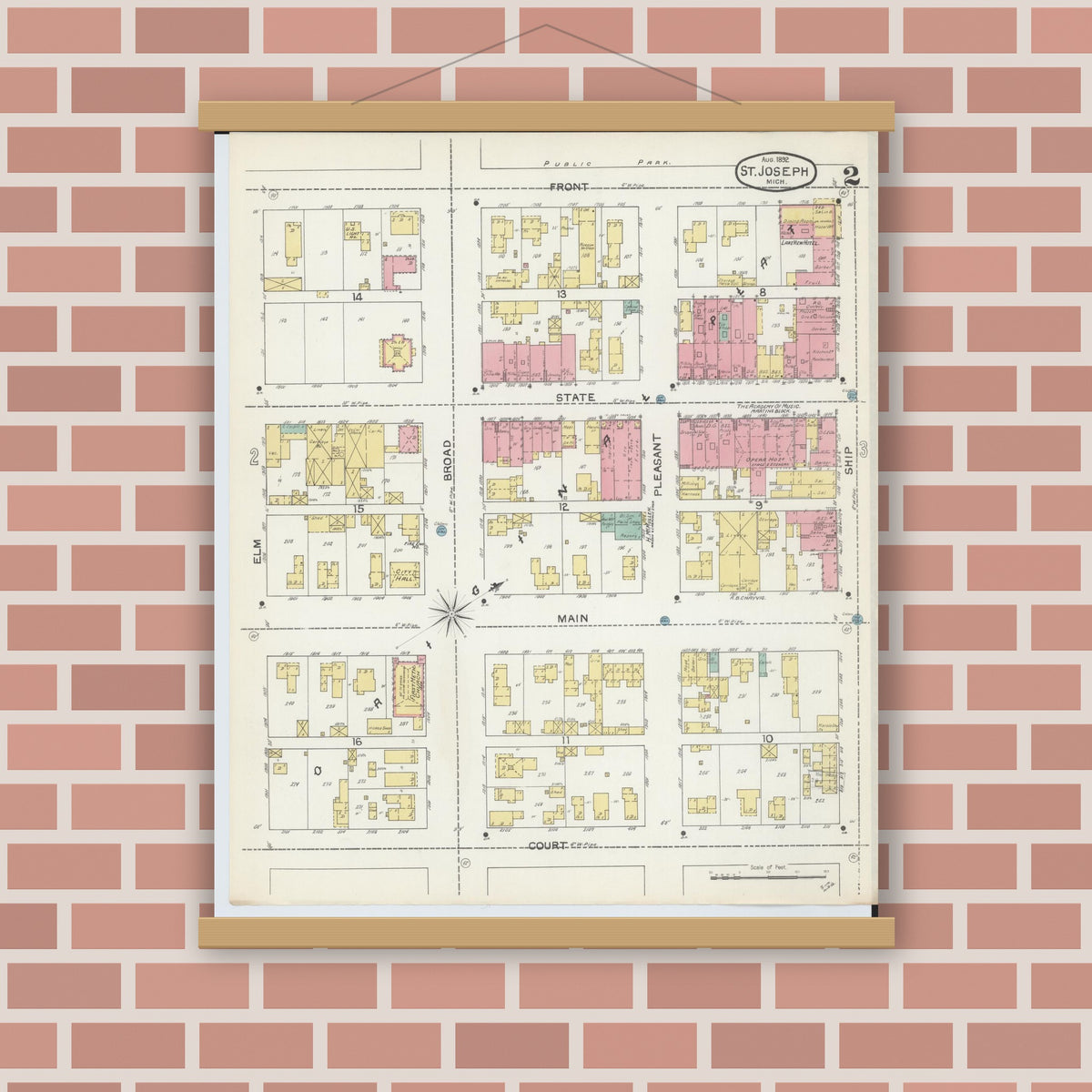 Old map wall art mockup — magnetic wood frame on brick wall — Sanborn Fire Insurance Map from Saint Joseph, Berrien County, Michigan (1892), Sheet #0002