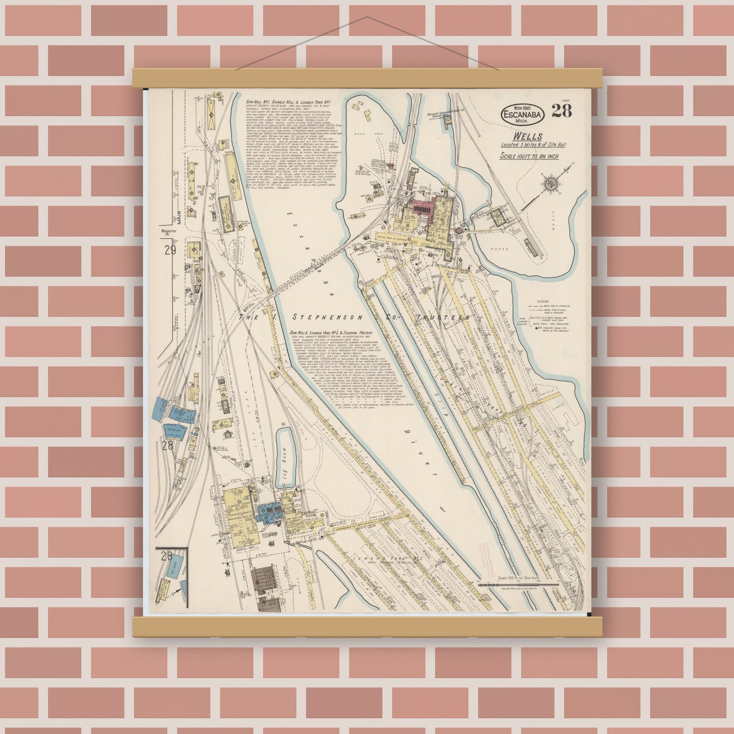 Old map wall art mockup — magnetic wood frame on brick wall — Sanborn Fire Insurance Map from Escanaba, Delta County, Michigan (1921), Sheet #0028
