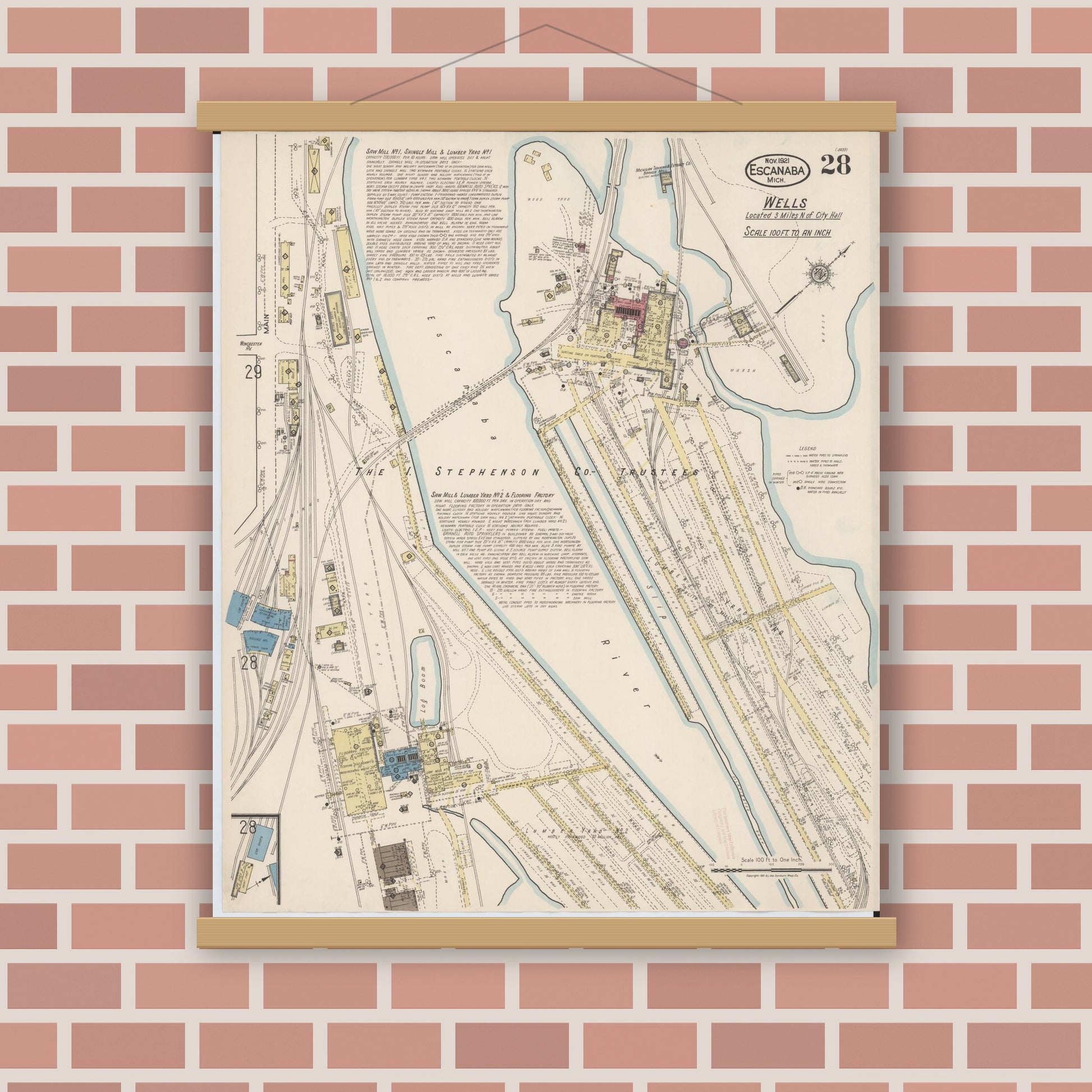 Old map wall art mockup — magnetic wood frame on brick wall — Sanborn Fire Insurance Map from Escanaba, Delta County, Michigan (1921), Sheet #0028