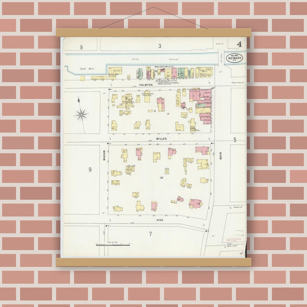 Old map wall art mockup — magnetic wood frame on brick wall — Sanborn Fire Insurance Map from Newark, Wayne County, New York (1898), Sheet #0004
