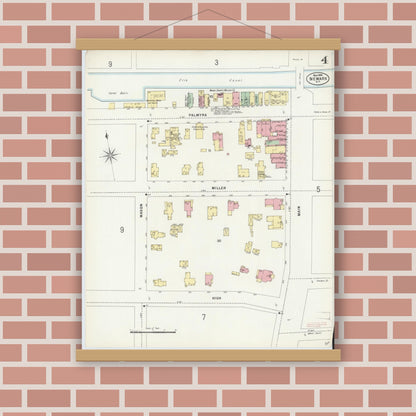 Old map wall art mockup — magnetic wood frame on brick wall — Sanborn Fire Insurance Map from Newark, Wayne County, New York (1898), Sheet #0004