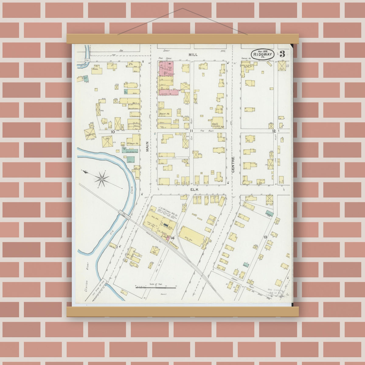 Old map wall art mockup — magnetic wood frame on brick wall — Sanborn Fire Insurance Map from Ridgway, Elk County, Pennsylvania (1892), Sheet #0003