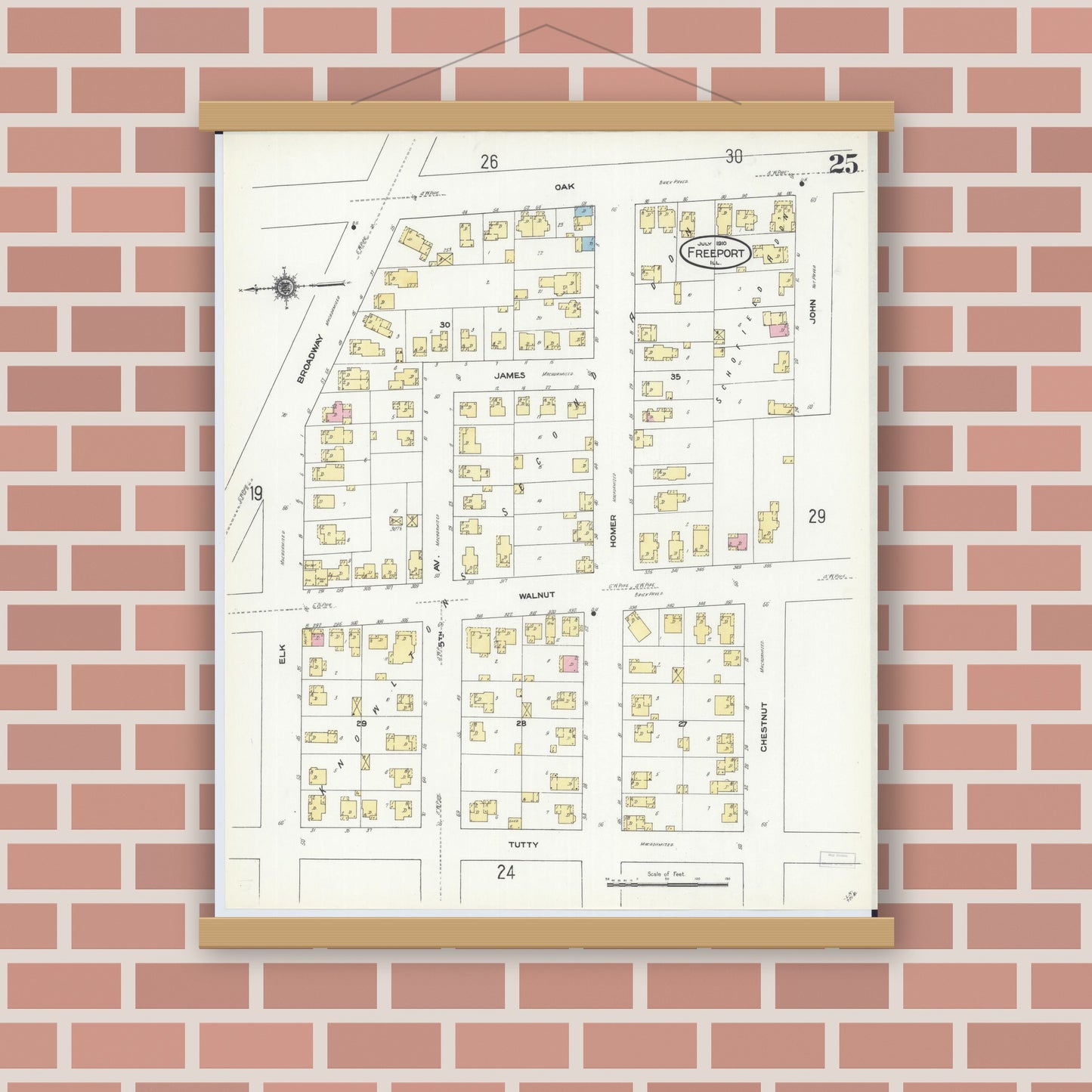 Old map wall art mockup — magnetic wood frame on brick wall — Sanborn Fire Insurance Map from Freeport, Stephenson County, Illinois (1910), Sheet #0025