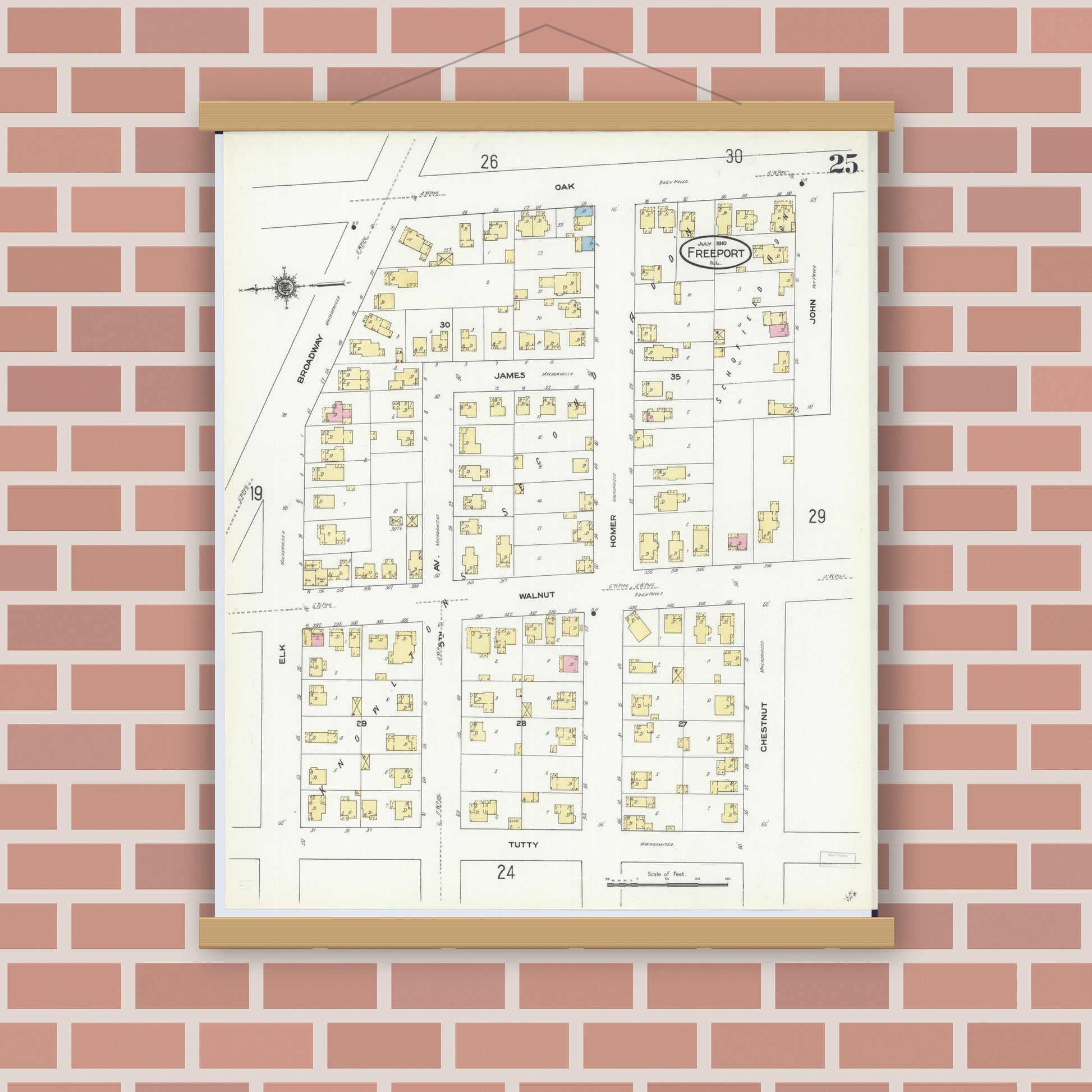 Old map wall art mockup — magnetic wood frame on brick wall — Sanborn Fire Insurance Map from Freeport, Stephenson County, Illinois (1910), Sheet #0025