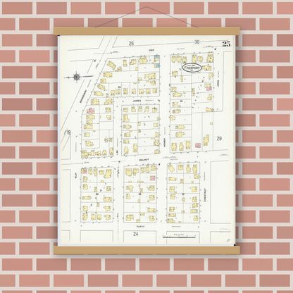 Old map wall art mockup — magnetic wood frame on brick wall — Sanborn Fire Insurance Map from Freeport, Stephenson County, Illinois (1910), Sheet #0025