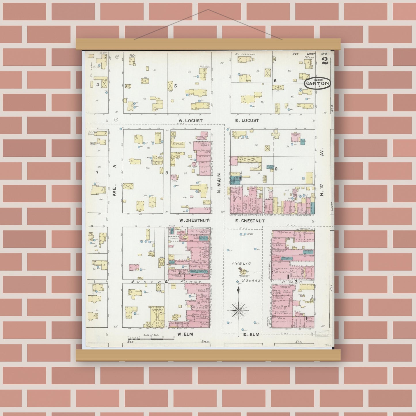 Old map wall art mockup — magnetic wood frame on brick wall — Sanborn Fire Insurance Map from Canton, Fulton County, Illinois (1891), Sheet #0002