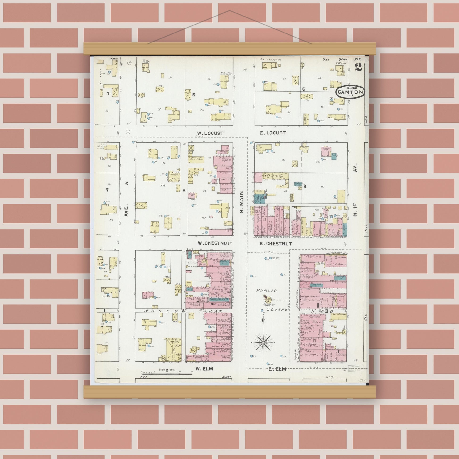 Old map wall art mockup — magnetic wood frame on brick wall — Sanborn Fire Insurance Map from Canton, Fulton County, Illinois (1891), Sheet #0002