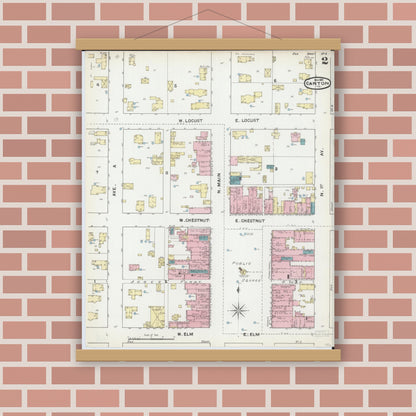 Old map wall art mockup — magnetic wood frame on brick wall — Sanborn Fire Insurance Map from Canton, Fulton County, Illinois (1891), Sheet #0002