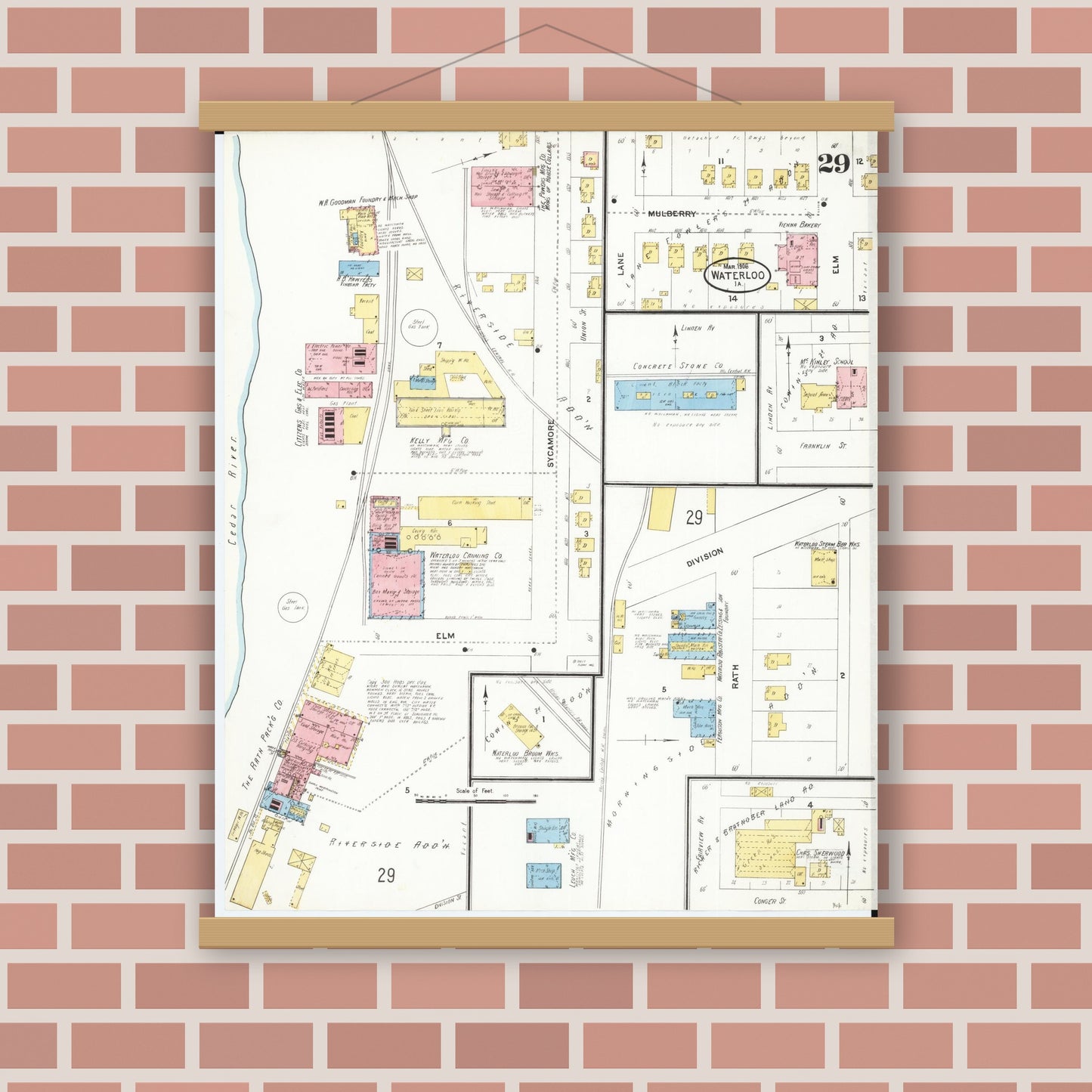 Old map wall art mockup — magnetic wood frame on brick wall — Sanborn Fire Insurance Map from Waterloo, Black Hawk County, Iowa (1906), Sheet #0029