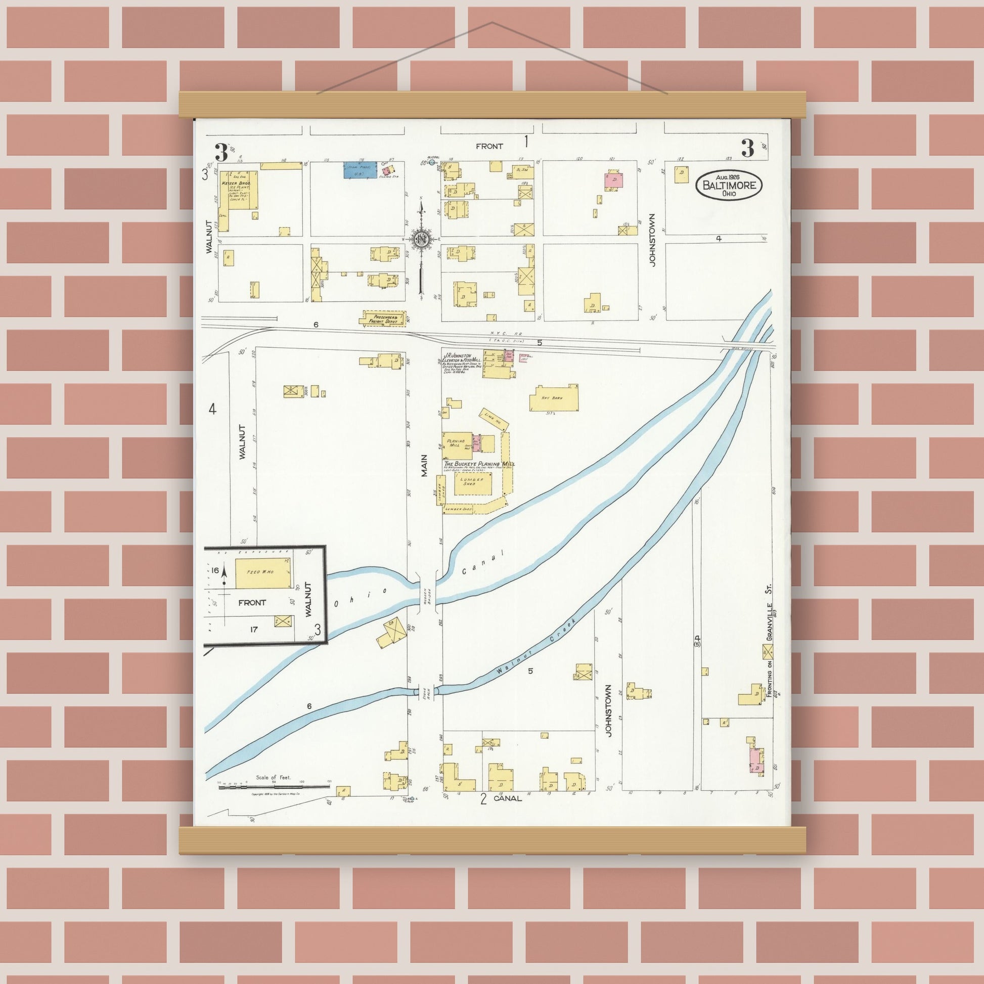 Old map wall art mockup — magnetic wood frame on brick wall — Sanborn Fire Insurance Map from Baltimore, Fairfield County, Ohio (1926), Sheet #0003
