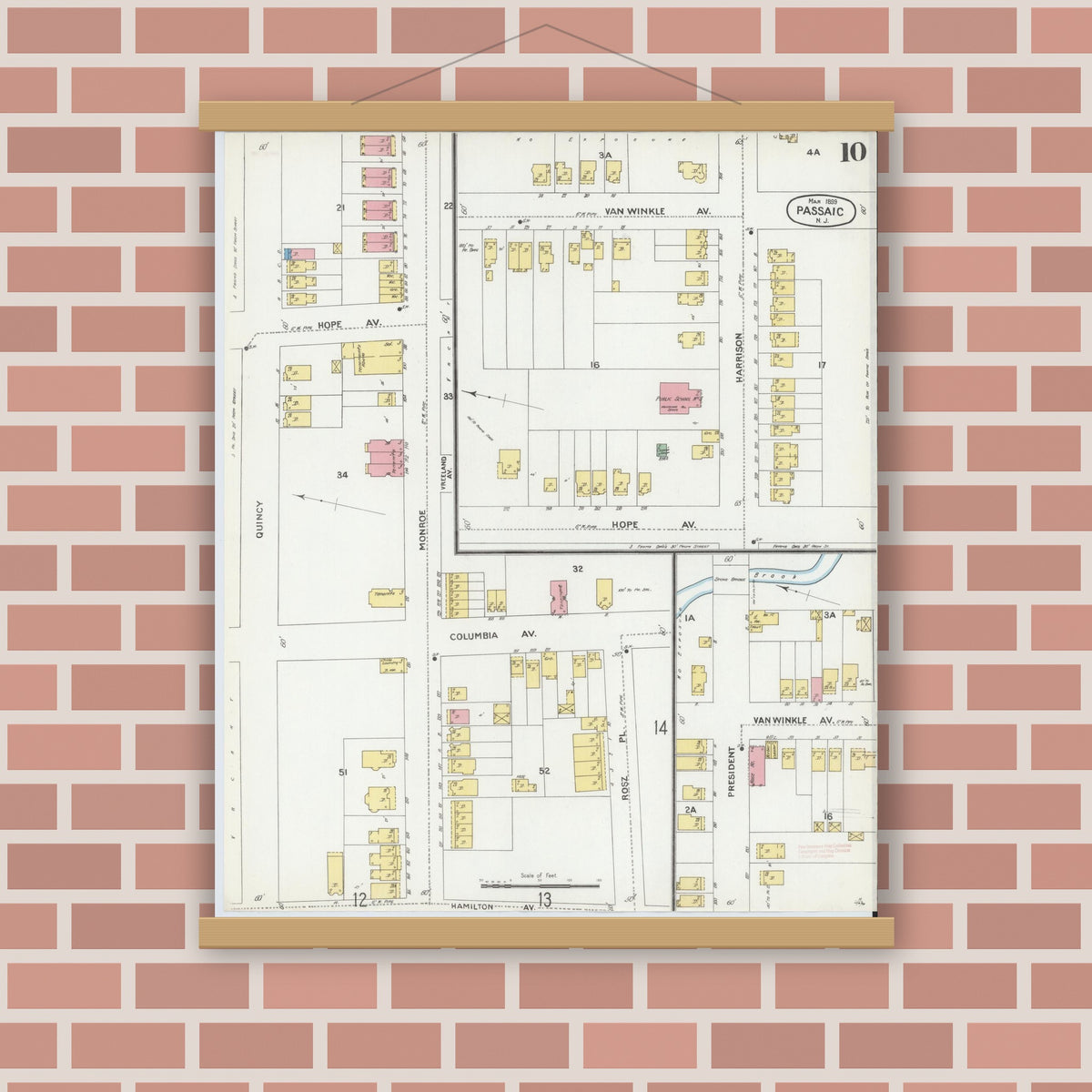 Old map wall art mockup — magnetic wood frame on brick wall — Sanborn Fire Insurance Map from Passaic, Passaic County, New Jersey (1899), Sheet #0010