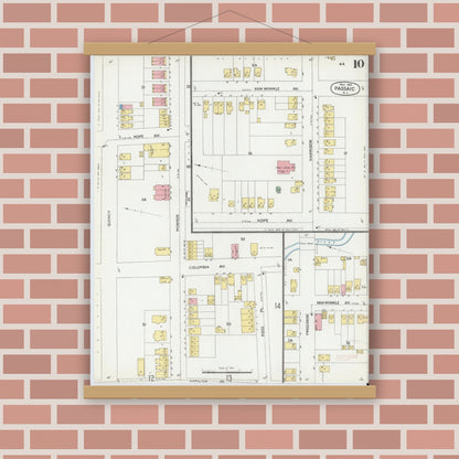 Old map wall art mockup — magnetic wood frame on brick wall — Sanborn Fire Insurance Map from Passaic, Passaic County, New Jersey (1899), Sheet #0010