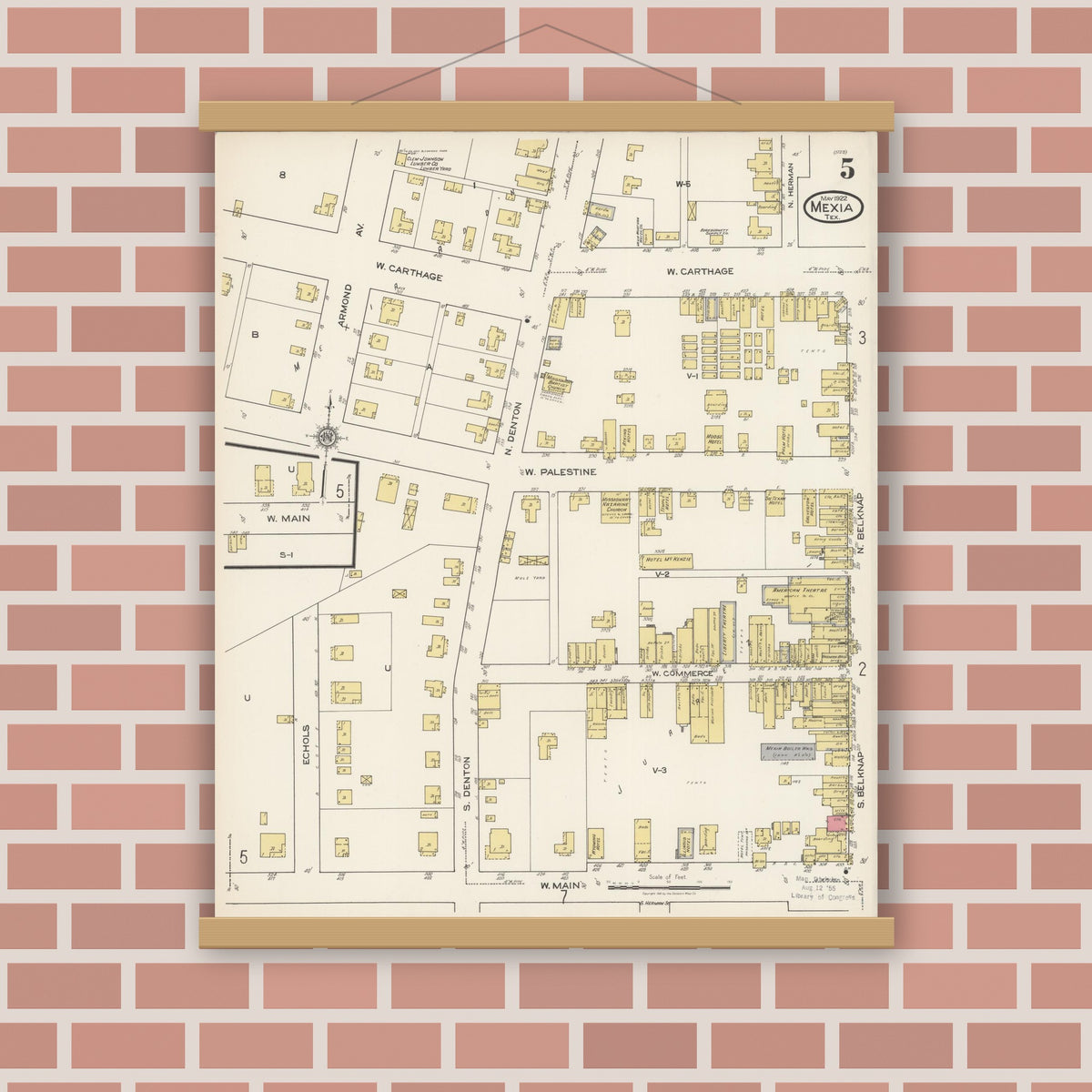 Old map wall art mockup — magnetic wood frame on brick wall — Sanborn Fire Insurance Map from Mexia, Limestone County, Texas (1922), Sheet #0005