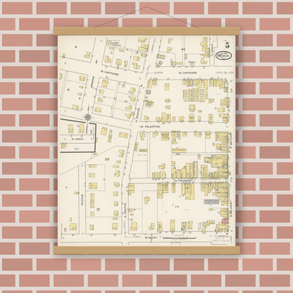 Old map wall art mockup — magnetic wood frame on brick wall — Sanborn Fire Insurance Map from Mexia, Limestone County, Texas (1922), Sheet #0005