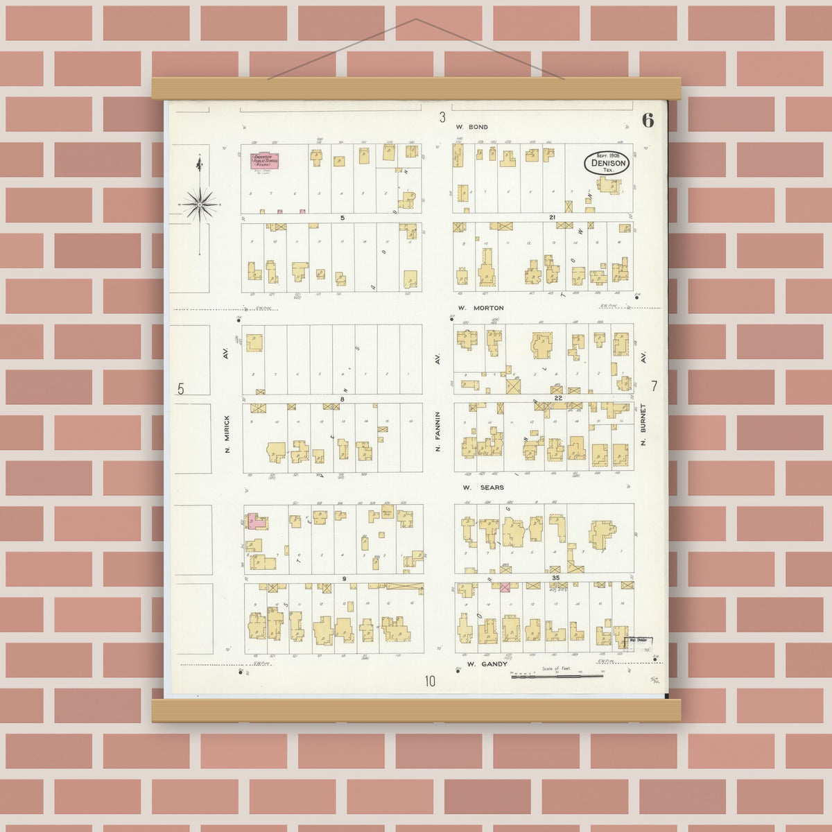 Old map wall art mockup — magnetic wood frame on brick wall — Sanborn Fire Insurance Map from Denison, Grayson County, Texas (1908), Sheet #0006