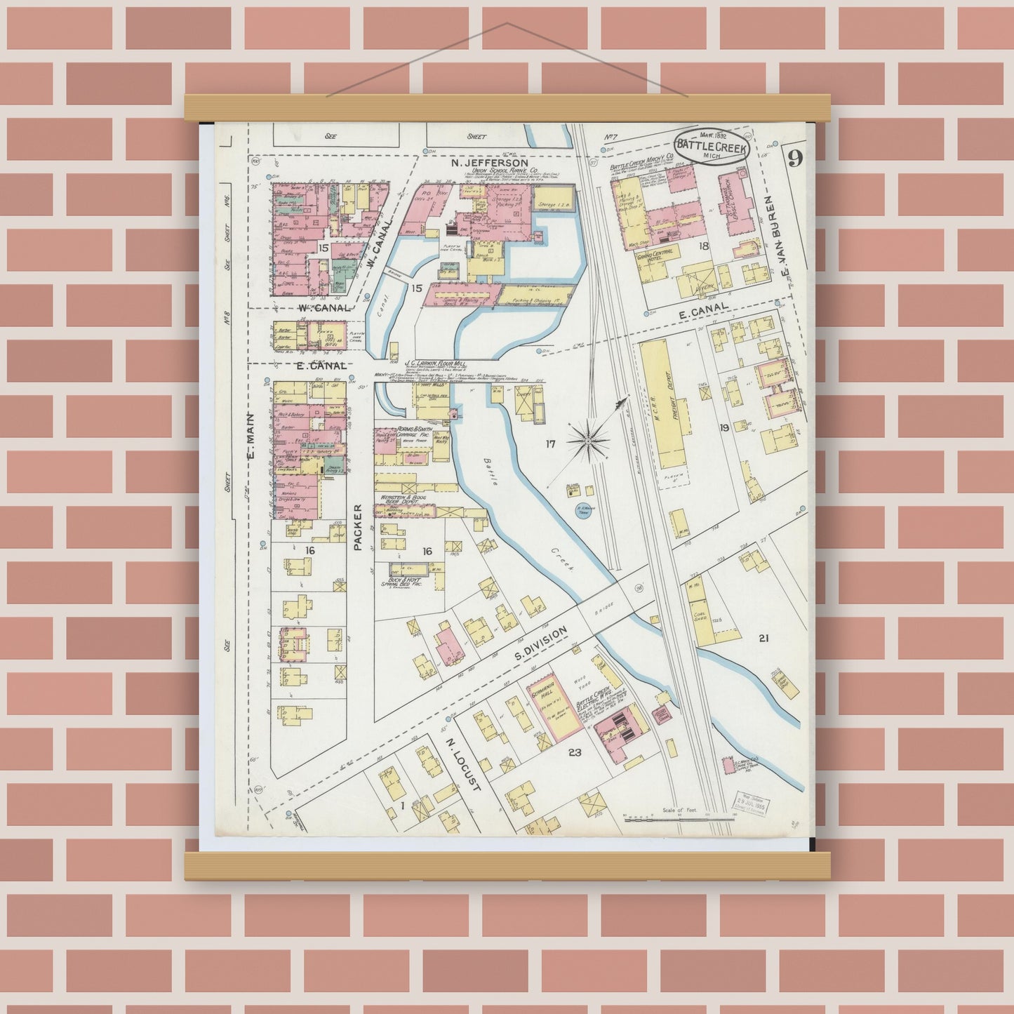 Old map wall art mockup — magnetic wood frame on brick wall — Sanborn Fire Insurance Map from Battle Creek, Calhoun County, Michigan (1892), Sheet #0009
