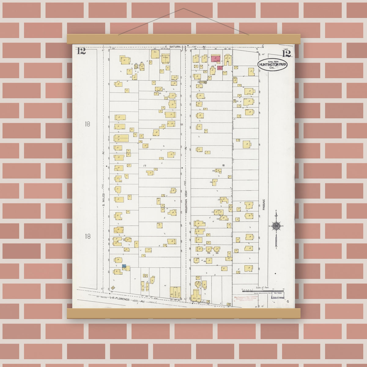 Old map wall art mockup — magnetic wood frame on brick wall — Sanborn Fire Insurance Map from Huntington Park, Los Angeles County, California (1924), Sheet #0012