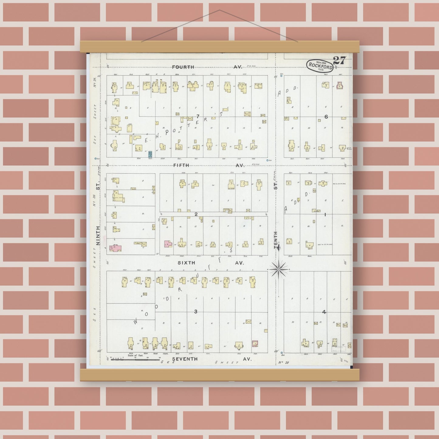 Old map wall art mockup — magnetic wood frame on brick wall — Sanborn Fire Insurance Map from Rockford, Winnebago County, Illinois (1891), Sheet #0027