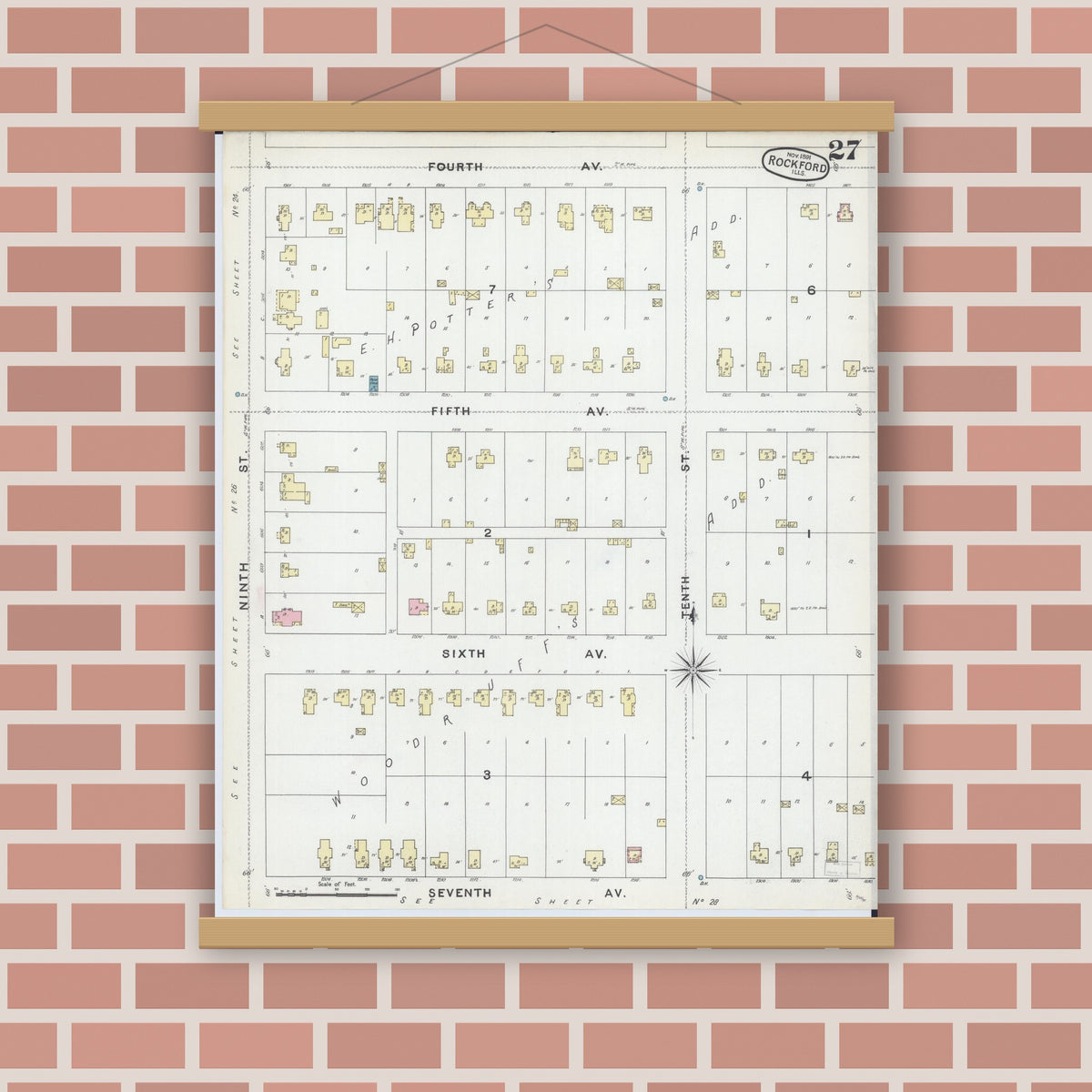 Old map wall art mockup — magnetic wood frame on brick wall — Sanborn Fire Insurance Map from Rockford, Winnebago County, Illinois (1891), Sheet #0027