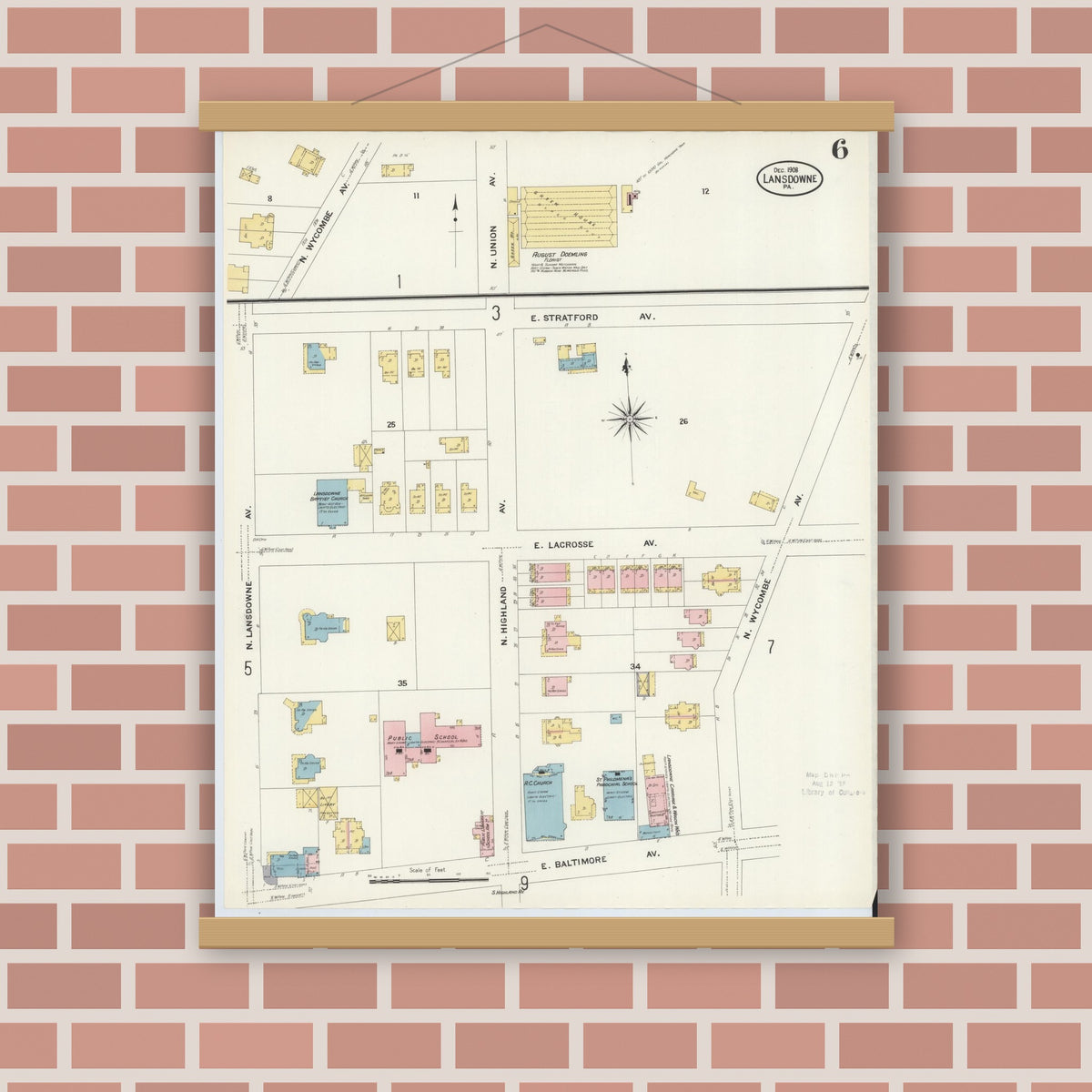 Old map wall art mockup — magnetic wood frame on brick wall — Sanborn Fire Insurance Map from Lansdowne, Delaware County, Pennsylvania (1908), Sheet #0006