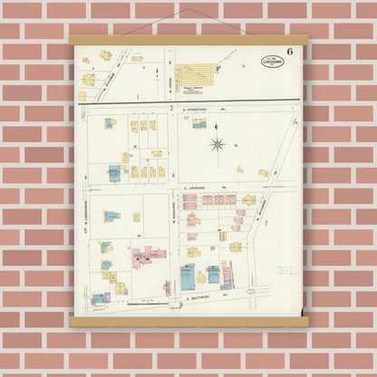 Old map wall art mockup — magnetic wood frame on brick wall — Sanborn Fire Insurance Map from Lansdowne, Delaware County, Pennsylvania (1908), Sheet #0006