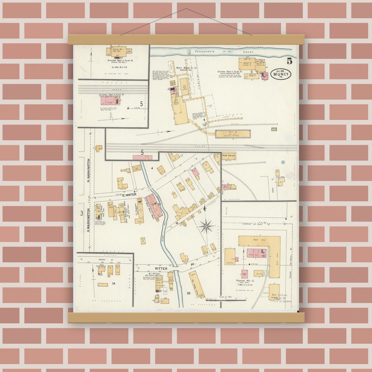 Old map wall art mockup — magnetic wood frame on brick wall — Sanborn Fire Insurance Map from Muncy, Lycoming County, Pennsylvania (1901), Sheet #0005