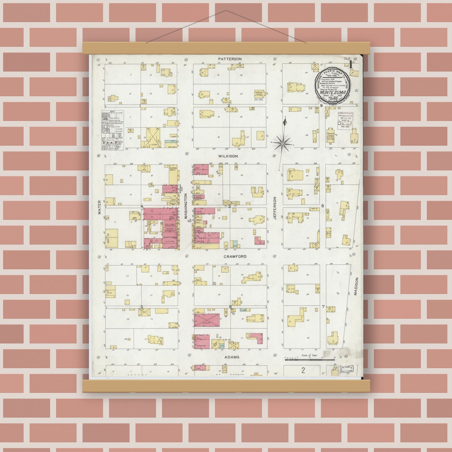 Old map wall art mockup — magnetic wood frame on brick wall — Sanborn Fire Insurance Map from Montezuma, Parke County, Indiana (1900) - Complete Map Set