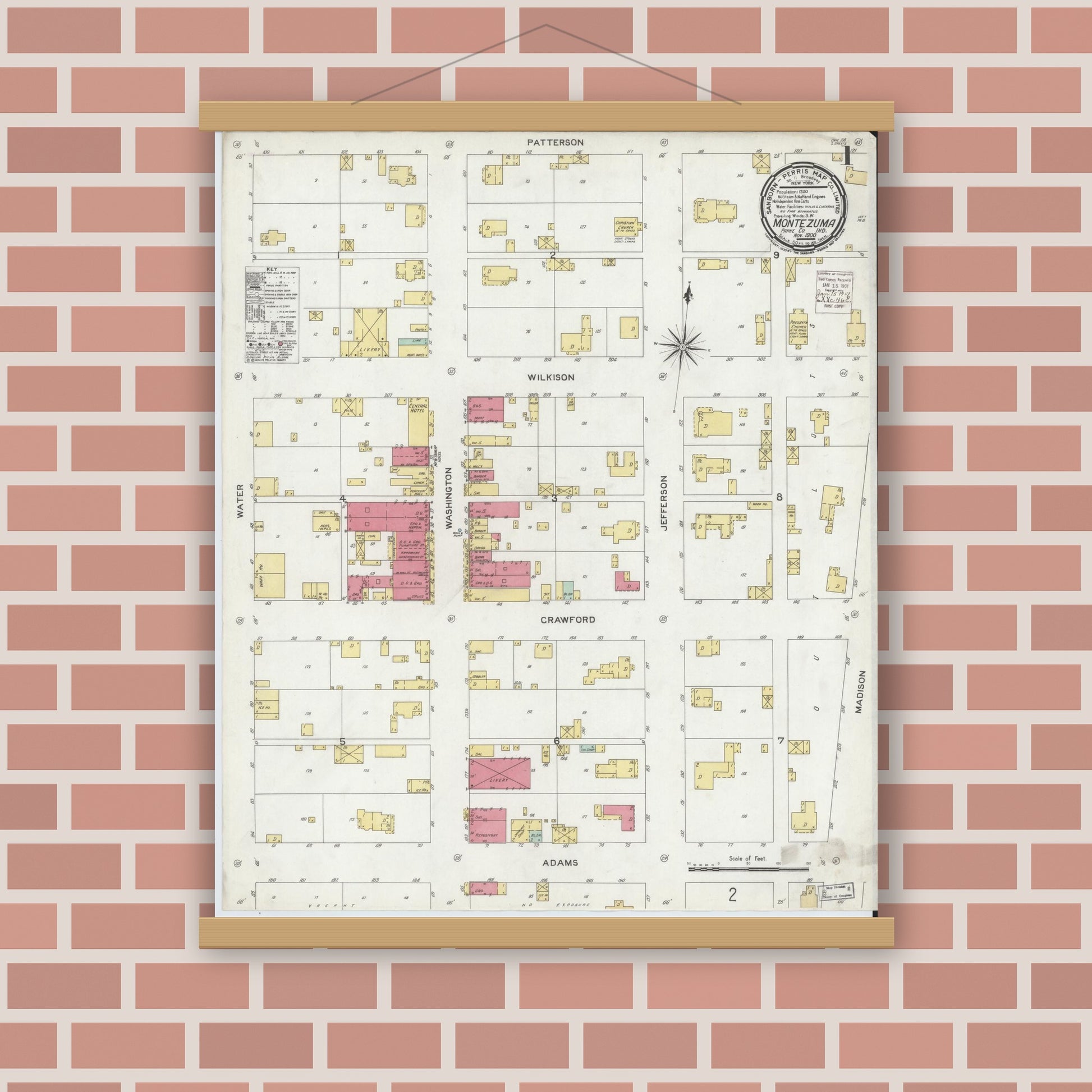 Old map wall art mockup — magnetic wood frame on brick wall — Sanborn Fire Insurance Map from Montezuma, Parke County, Indiana (1900) - Complete Map Set